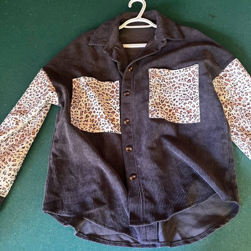 Corduroy Button-Up Shirt with Leopard Print